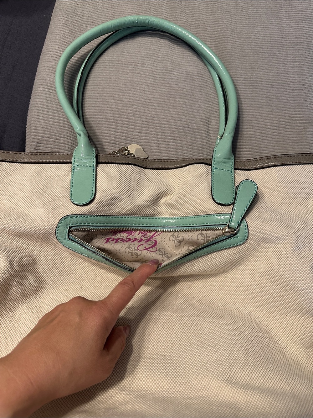 Guess Canvas Tote in Cream with Mint Trim - Picture 12 of 14